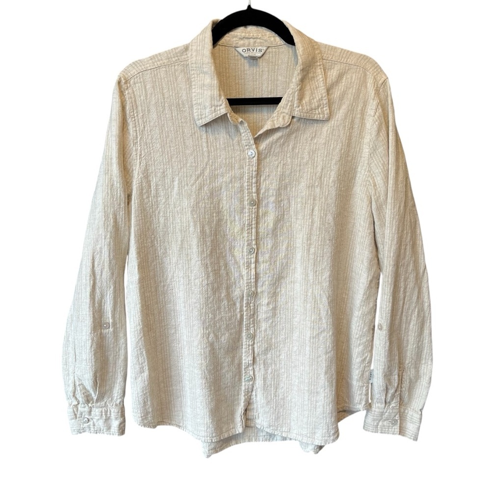 Orvis button up blouse L Linen blend Beige striped Long sleeve shirt Womens top - Picture 2 of 7